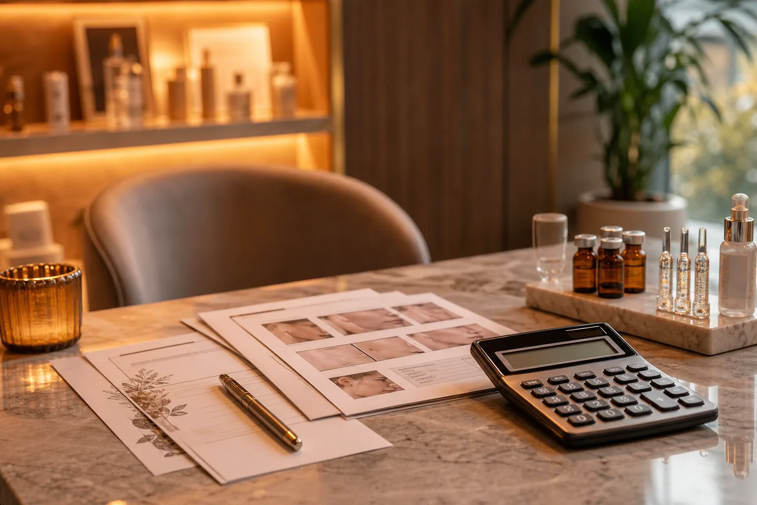 Calculadora, hoja de costes y productos de estética sobre una mesa de un centro